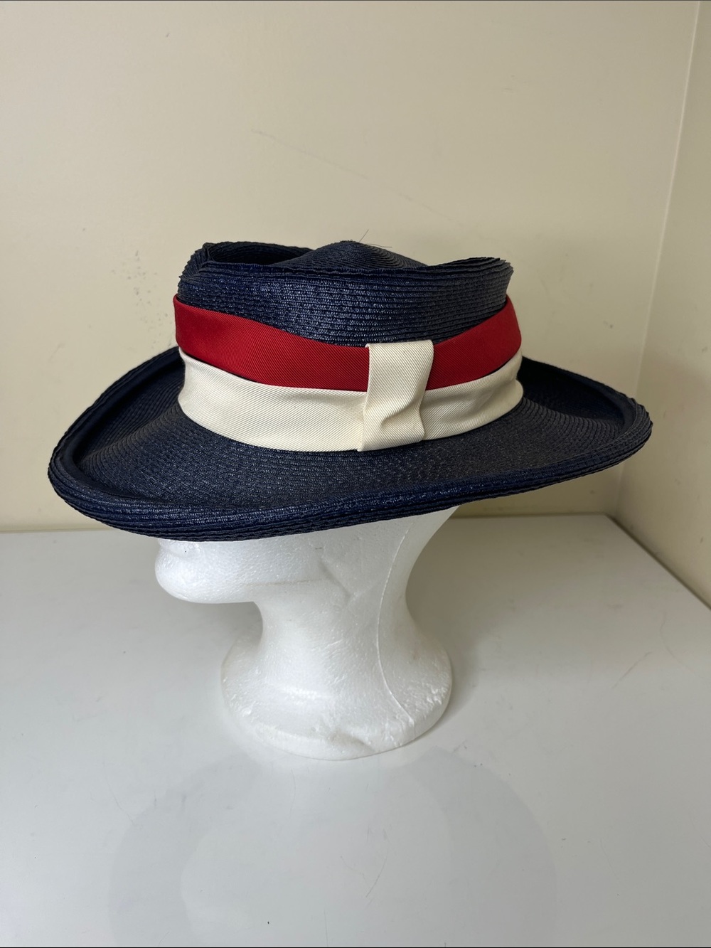 Gwenn Pennington Exclusive Stylish Navy Straw Hat with Red and Cream Band